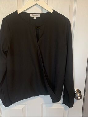 Black Long-Sleeve Faux Wrap Blouse